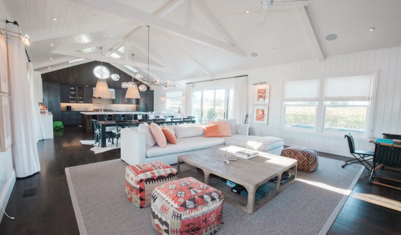 The great room with the living, dining. and kitchen areas.