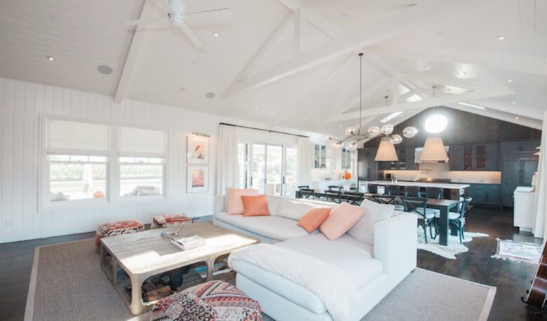 The living room and TV area of the great room.