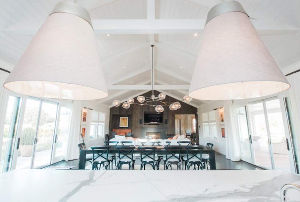 A view of the great room from the Calacatta marble island.