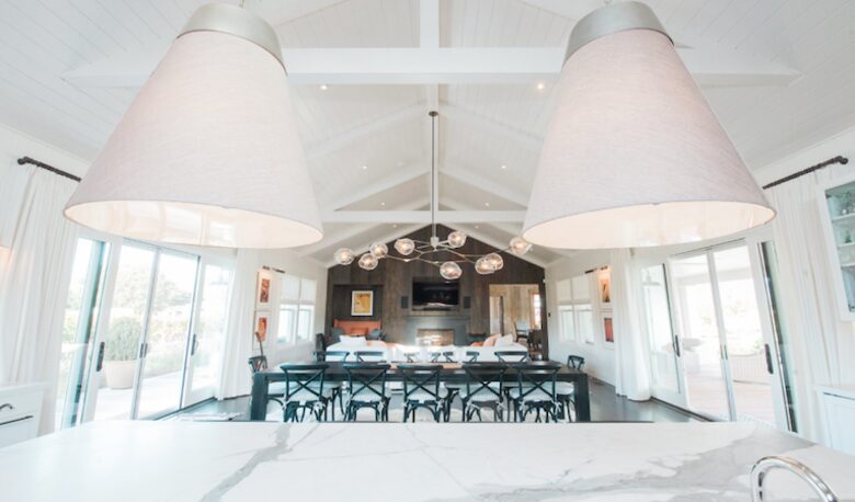 A view of the great room from the Calacatta marble island.