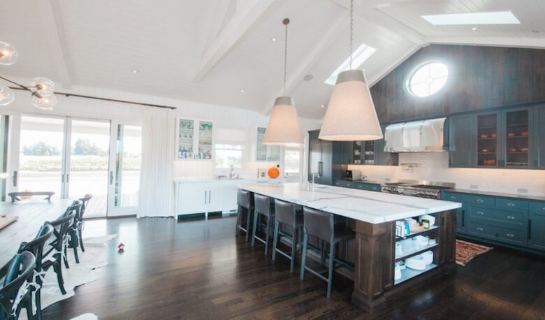 The kitchen island and chefs kitchen.