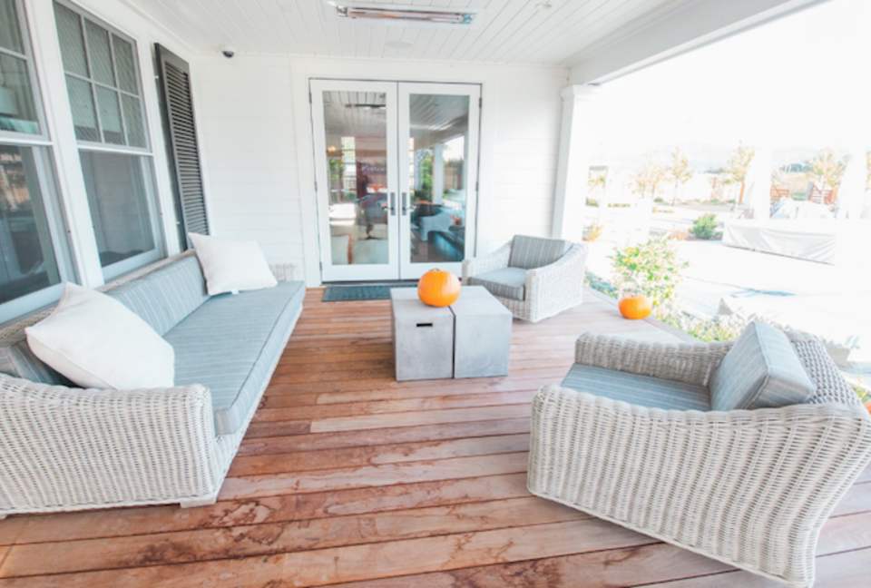 South deck lounging area with built in heat lamps.