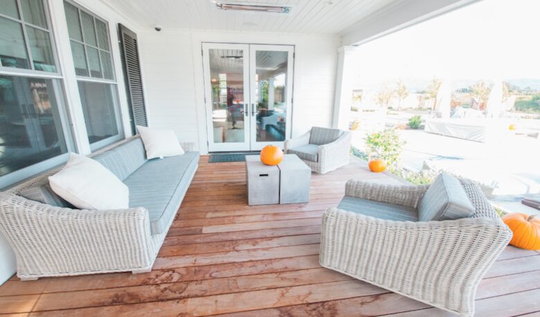 South deck lounging area with built in heat lamps.
