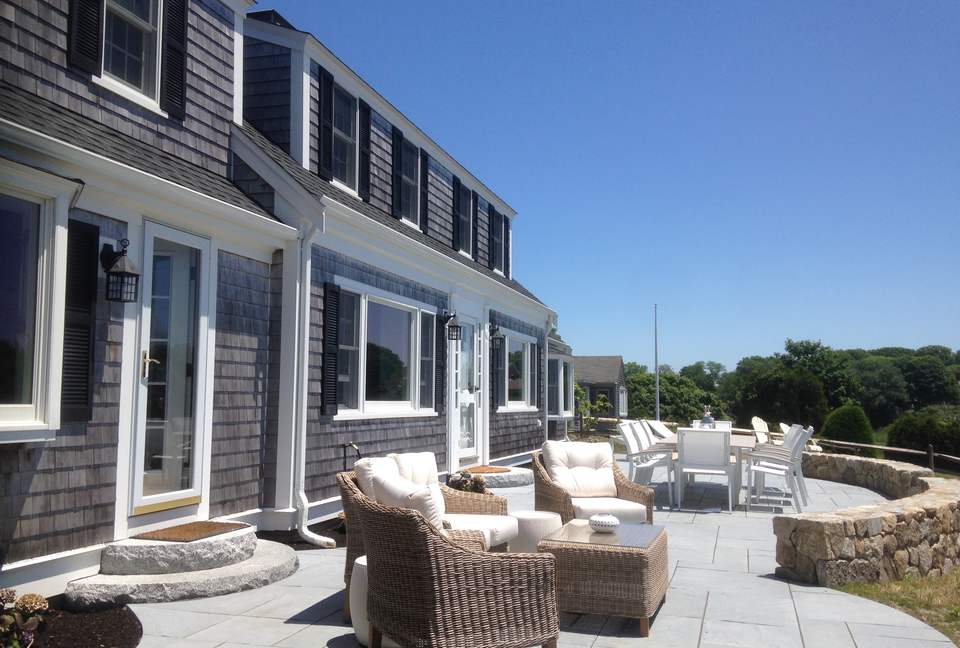 Large Stone Patio Overlooks Ocean Harbor