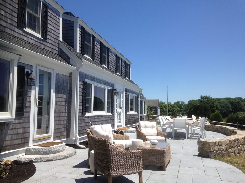 Large Stone Patio Overlooks Ocean Harbor