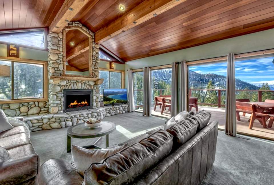 Main living space overlooking mountains and lake.