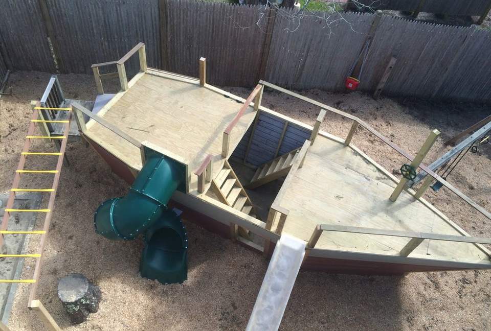 Play area for kids: Ship, Swings, and play house