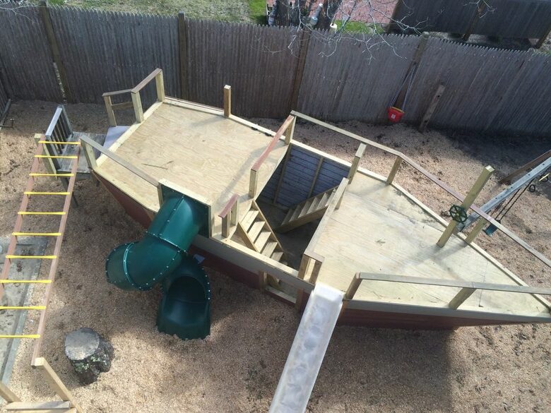 Play area for kids: Ship, Swings, and play house