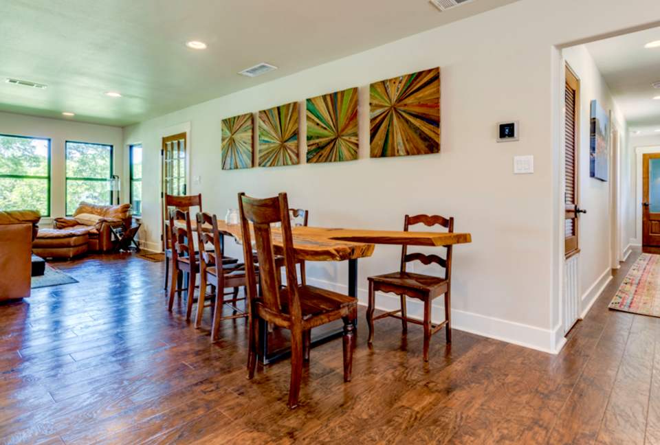 Unique Cypress dining table - hallway to two bedrooms