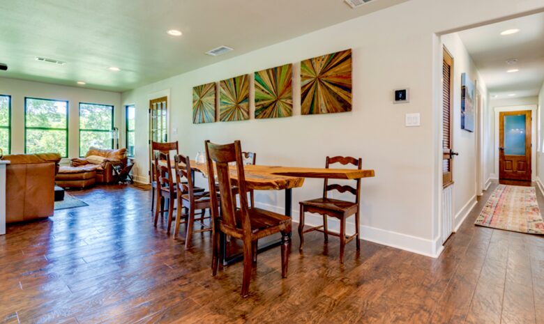 Unique Cypress dining table - hallway to two bedrooms