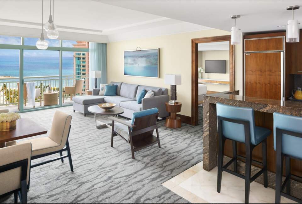 Living room, kitchen, dining room, full balcony and full bath