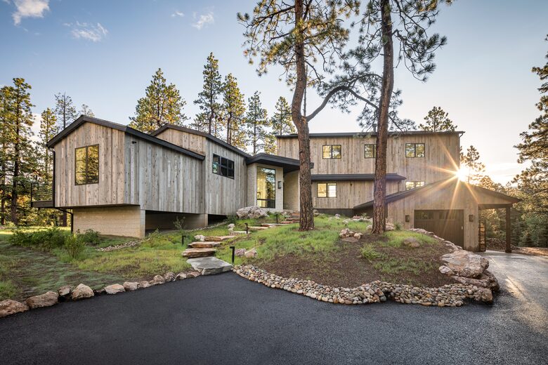 Panoramic exterior view of custom Durango Mountain Home