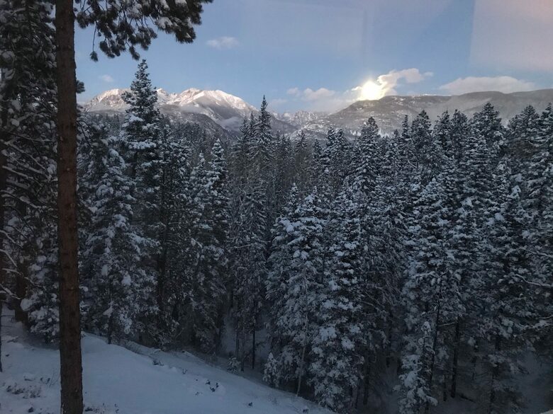 Moon rising in the east over snow covered trees.