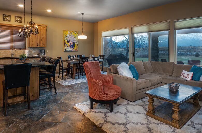 Living room with seating with sliding glass doors