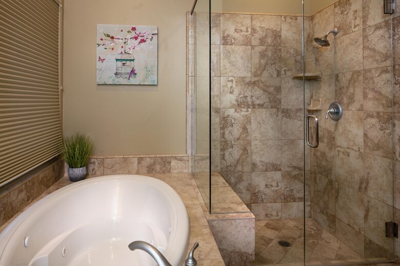 Guest bathroom with tiled walk-in shower and separate tub
