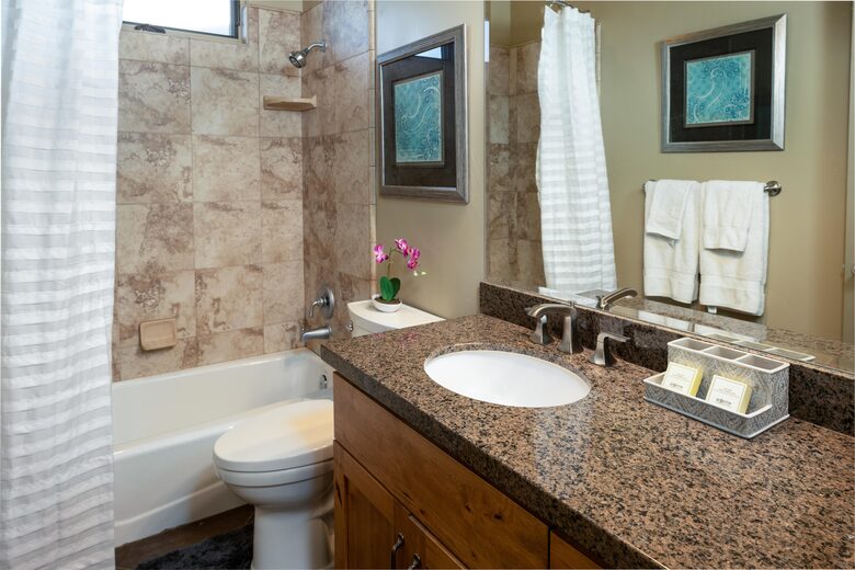 Guest bathroom with shower/tub, toilet and granite counter