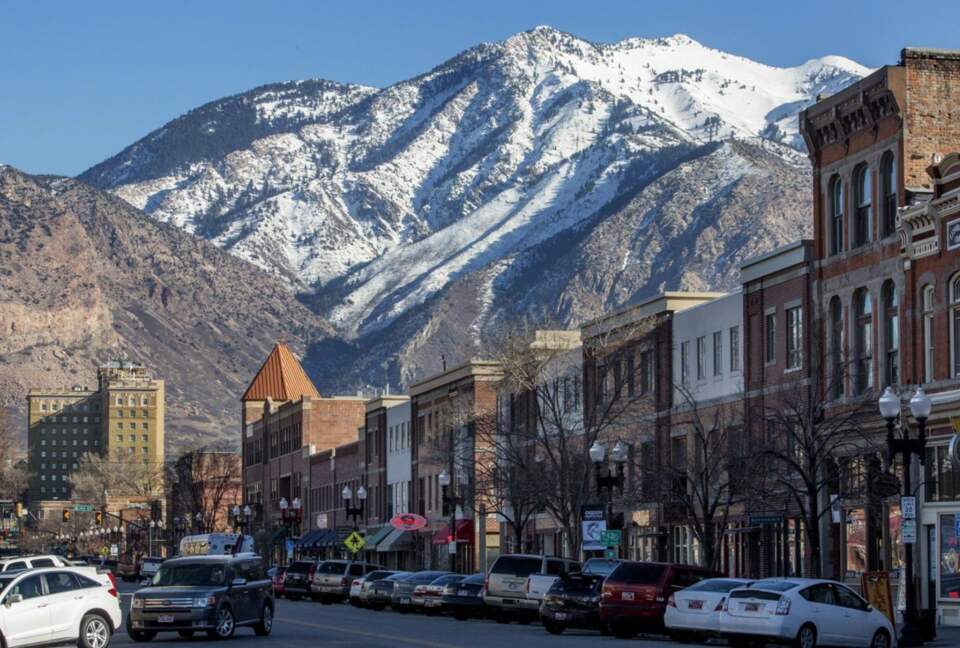 Buildings in Eden, Utah with snow covered mountain backdrop