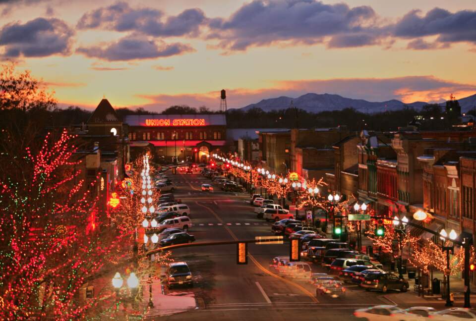 City lights and buildings in Eden, Utah at sunset