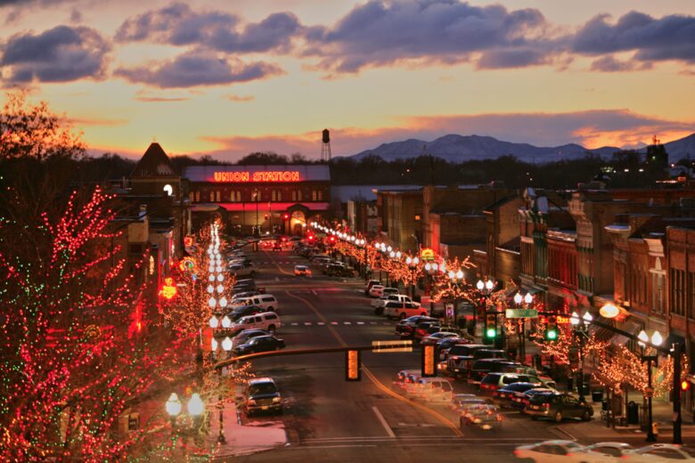 City lights and buildings in Eden, Utah at sunset