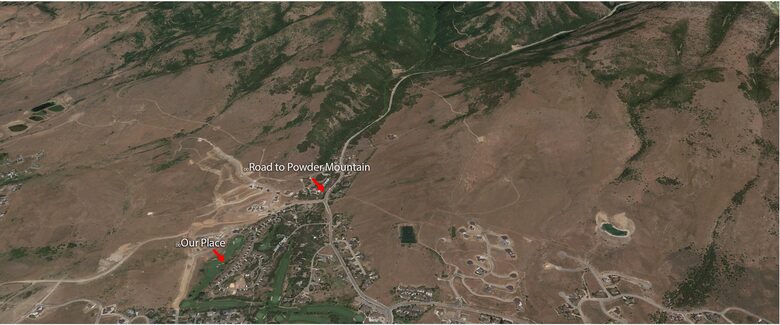 Aerial map view of the house to the road to Powder Mountain
