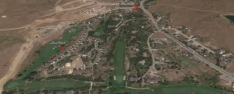 Aerial map view of the house to the road to Powder Mountain