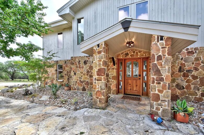 Stone siding and entryway to the Lodge