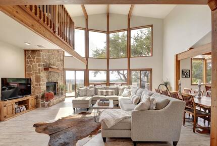 Lodge great room with sectional, TV & fireplace