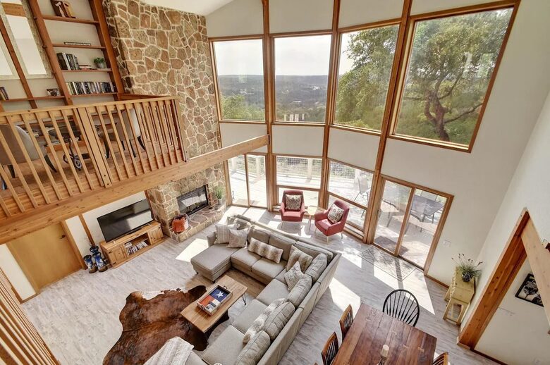 View from upstairs loft overlooking Lodge great room