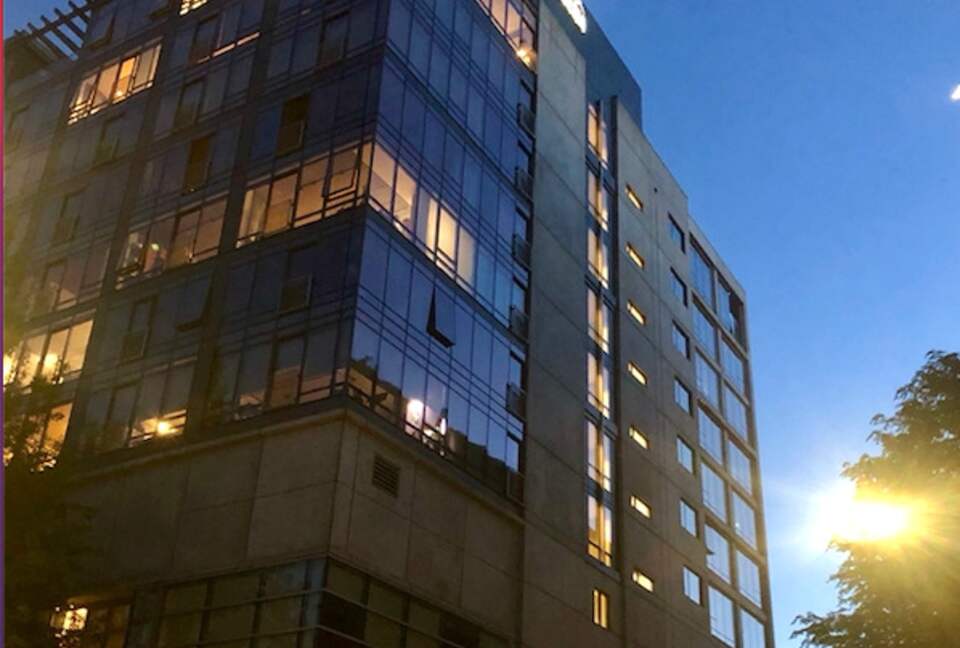 Home exchange in Portland, OR, exterior of building at night