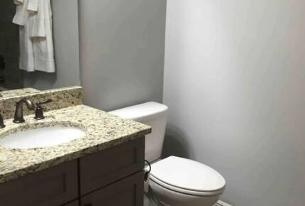 Home exchange in Auburn AL, guest bathroom with granite counters