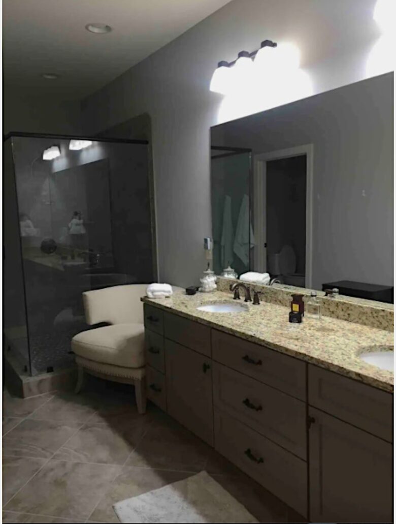 Home exchange in Auburn AL, master bathroom with dual vanity & shower