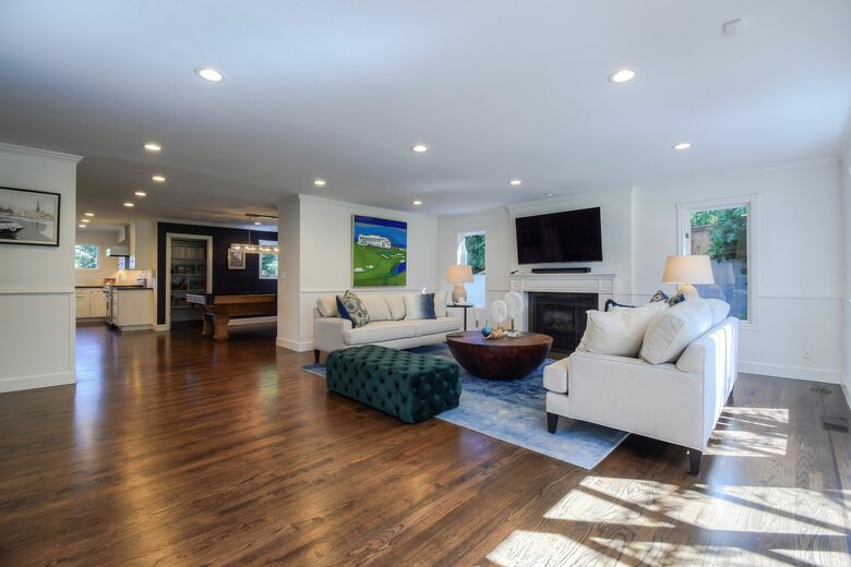 Home exchange in Mill Valley CA, living room leading into game room