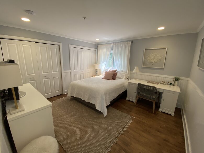 1st Floor Bedroom with Queen bed, TV & adjacent bathroom