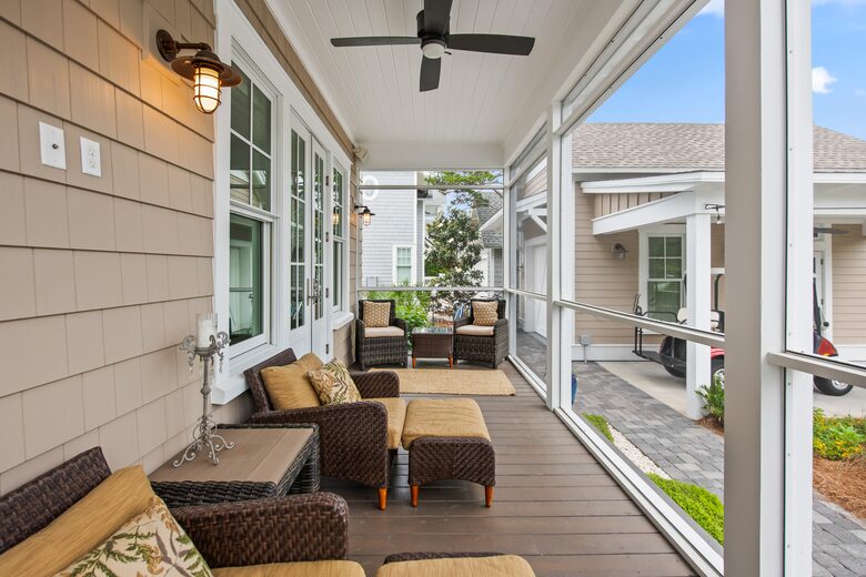 Home exchange in WaterSound FL, screened in porch with seating & fan