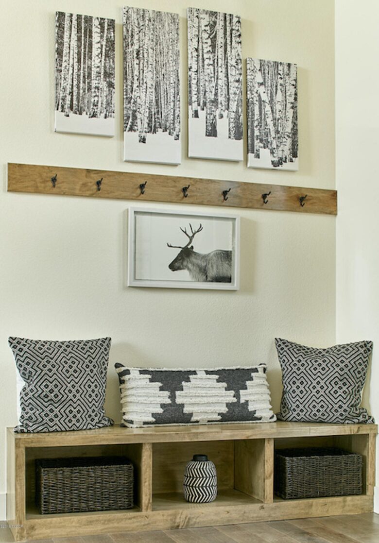 Home exchange in Fraser CO, farmhouse-style coat hook with bench cubby