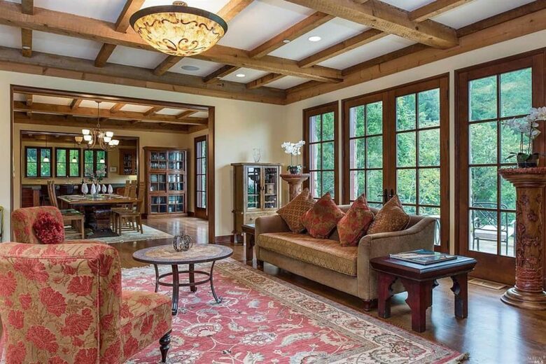 Home exchange in Calistoga CA, parlor with french doors out to deck