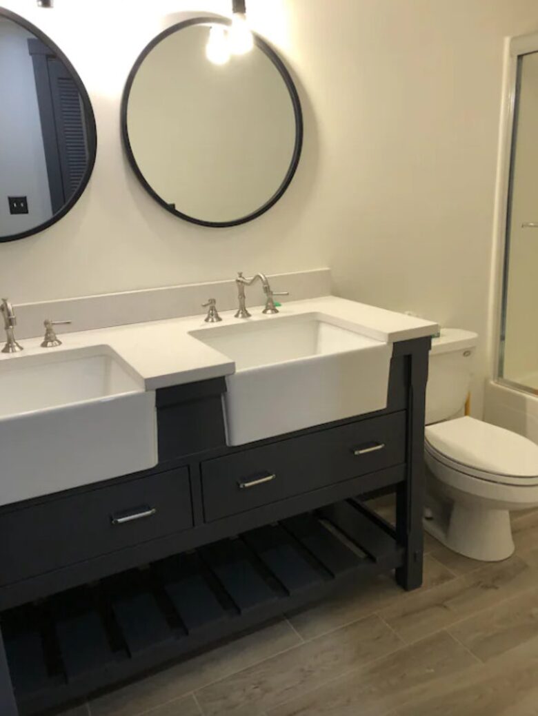 Home exchange in Jay Peak VT, dual vanity in lower level full bathroom