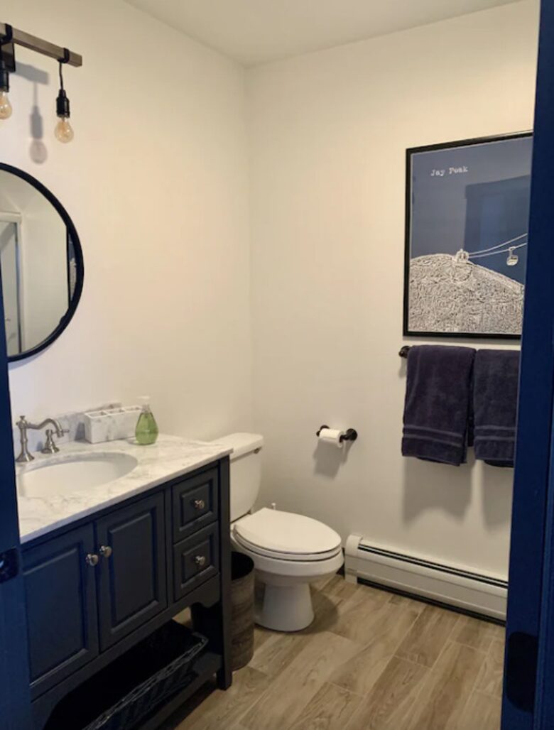 Home exchange in Jay Peak VT, full bathroom with marble counters
