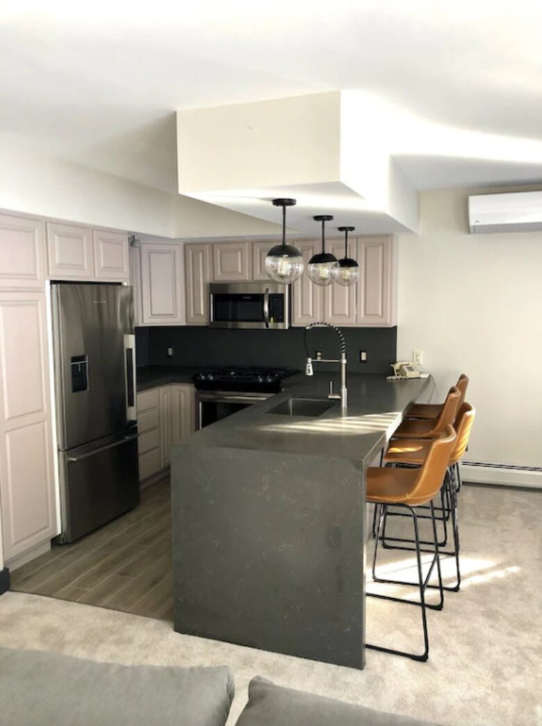 Home exchange in Jay Peak VT, kitchen with stacked concrete quartz