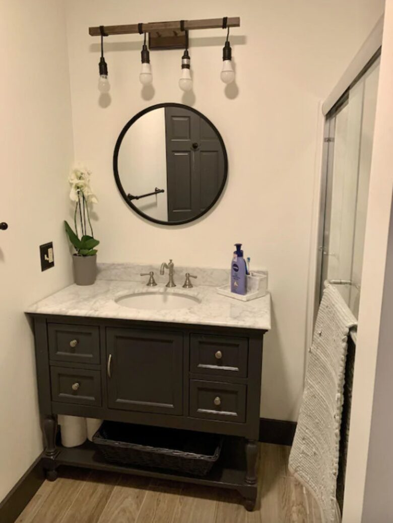 Home exchange in Jay Peak VT, ensuite master bath with marble counters