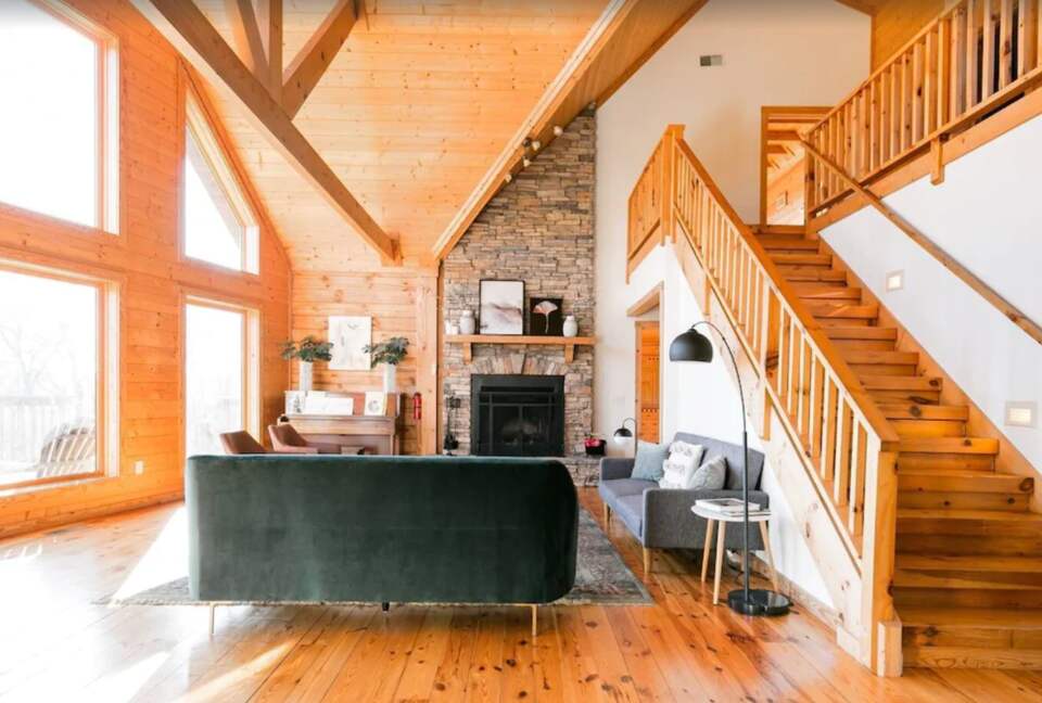 Downstairs family room with large windows