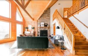 Downstairs family room with large windows
