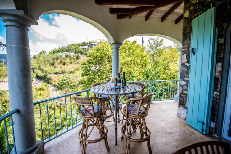 Home exchange in St John USVI, bistro table for 4 on balcony