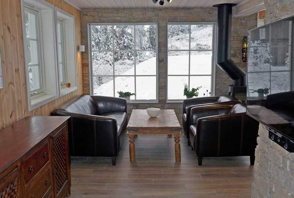 The main room with the fireplace