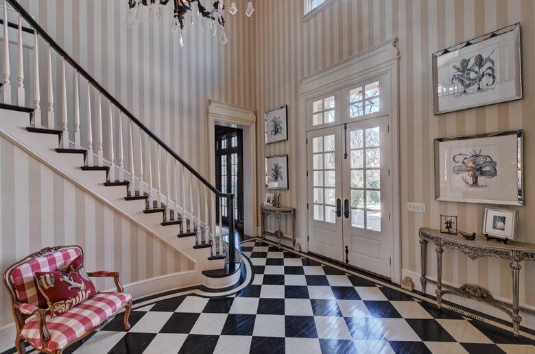 Home exchange in Charlotte NC, grand foyer with checkered flooring