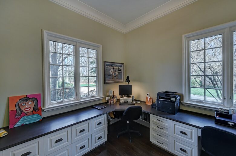 Home exchange in Charlotte NC, office with a long L-shaped desk
