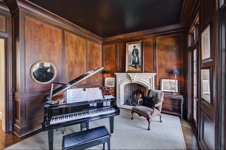 Home exchange in Charlotte NC, vintage study with piano and fireplace