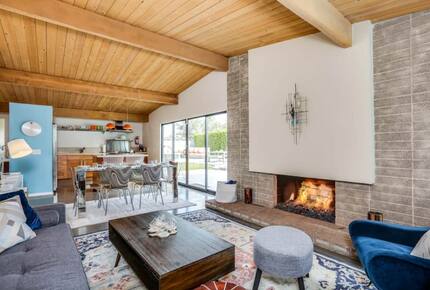 Home Exchange in Palm Springs, CA, fireplace with wood celling