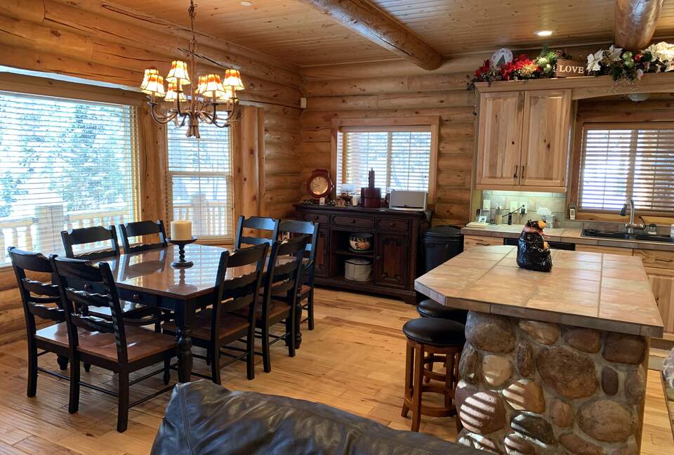 Dining/Kitchen area with river rock island