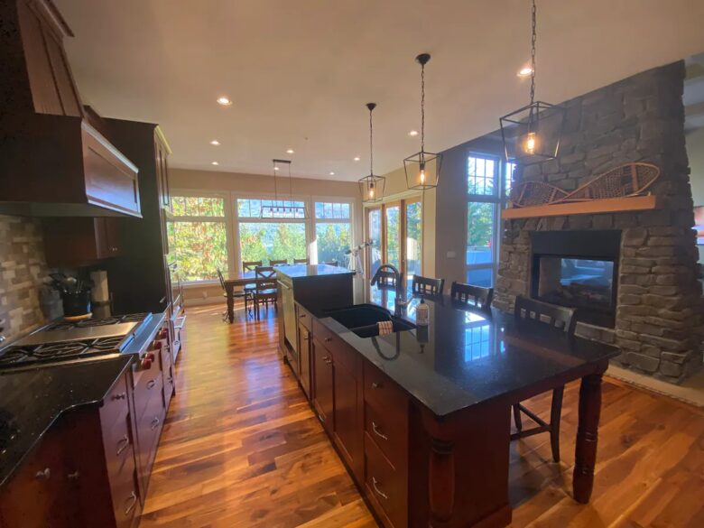 Home Exchange in British Columbia fireplace in kitchen